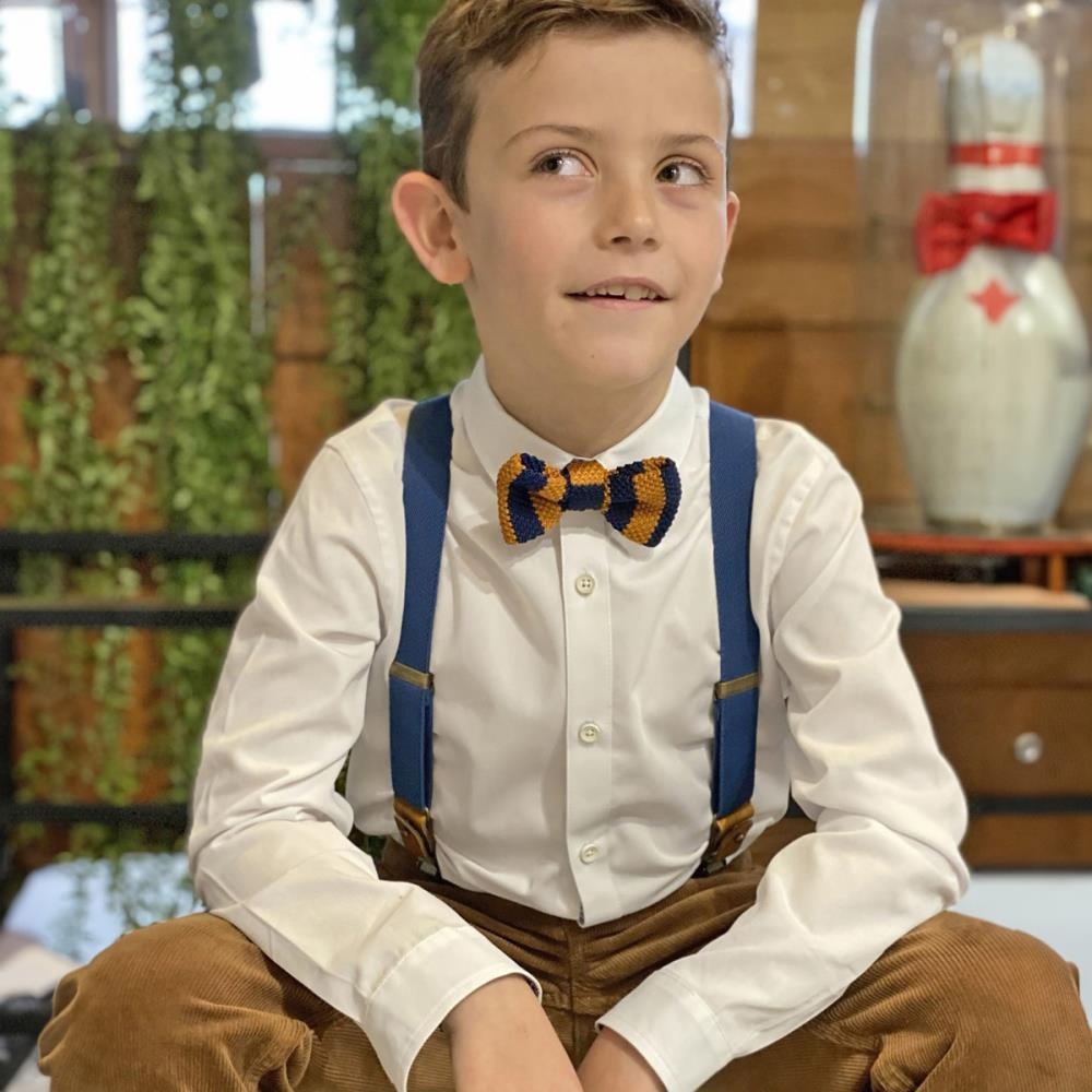 Gebreid kinderstrikje blauw - cognac - 1